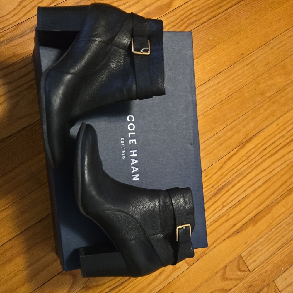 Cole Haan Black Leather Booties with Gold Buckle